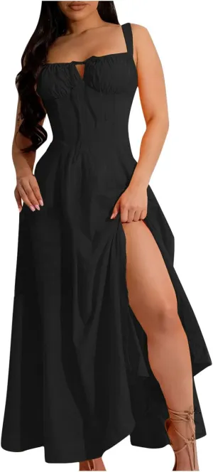 Casual Dresses for Woemn Sleeveless Lace Up Ruched Bodycon Split Tie Square Neck A Line Boho Flowy Maxi Sundress