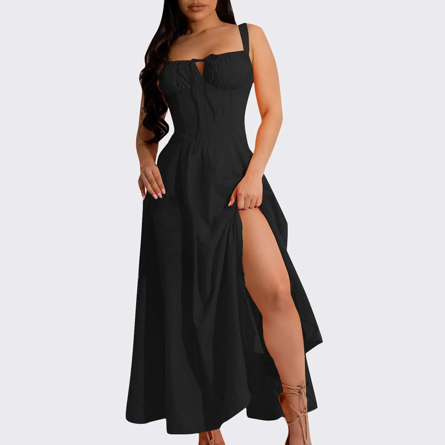 Casual Dresses for Woemn Sleeveless Lace Up Ruched Bodycon Split Tie Square Neck A Line Boho Flowy Maxi Sundress