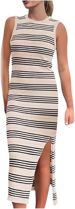 Casual Dresses for Women Striped Short Sleeve Midi Dress Button Ribbed Knit Work Summer Vacation Boho Party Dress 2025