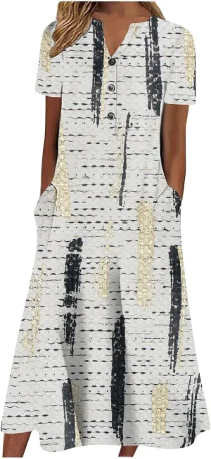 Casual Summer Dresses for Women 2024 Floral Boho Vacation Dress V-Neck Buttons Flowy Loose Midi Dress with Pockets