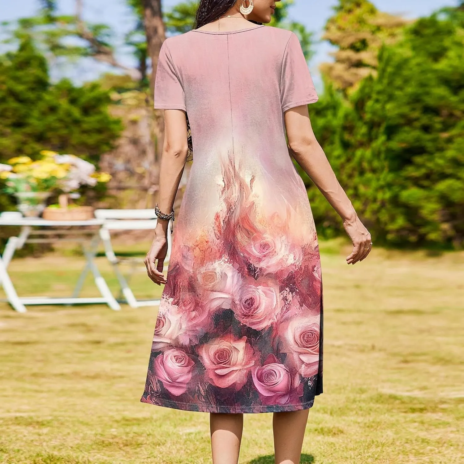 Casual Summer Spring Short Sleeve Floral Midi Dress for Women Trendy Smocked Flowy Formal Plus Size A Line Dress