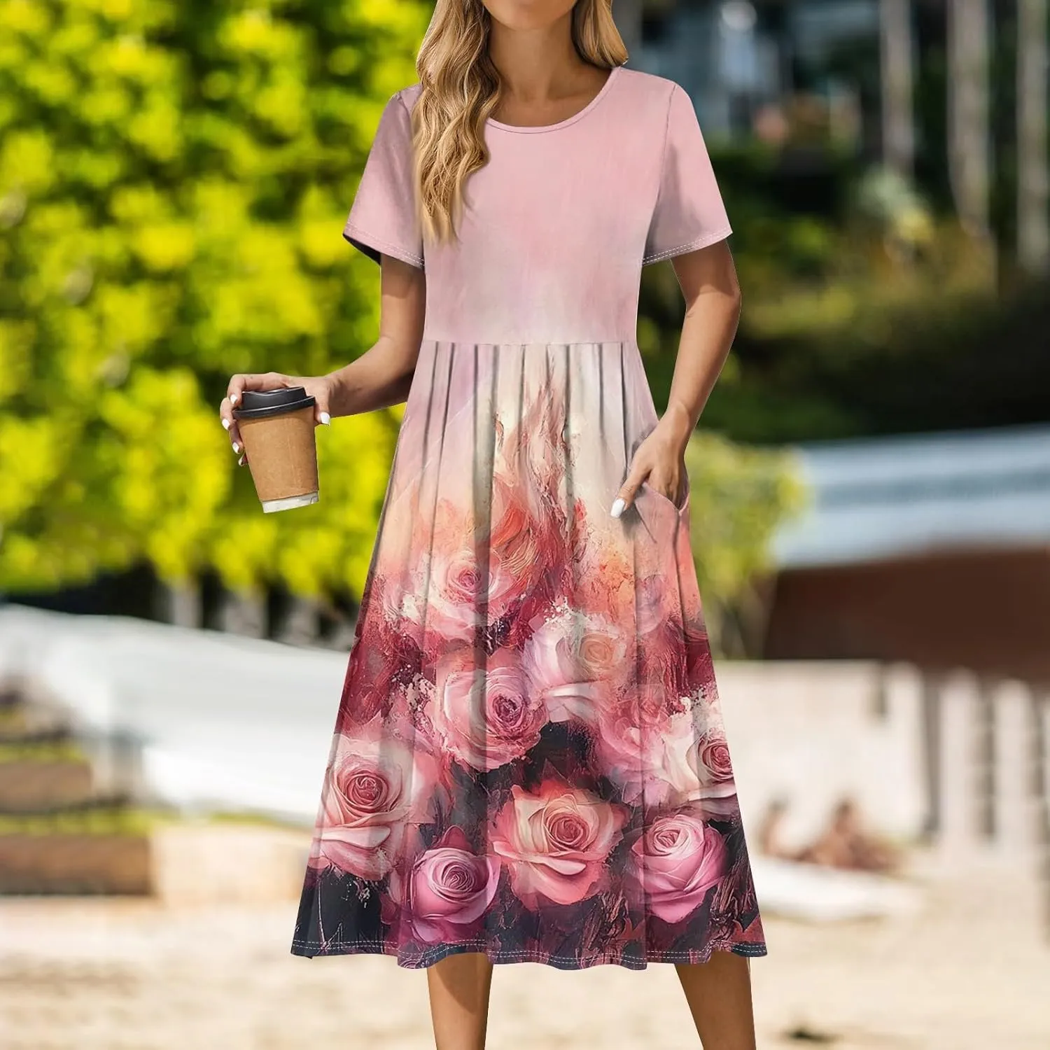 Casual Summer Spring Short Sleeve Floral Midi Dress for Women Trendy Smocked Flowy Formal Plus Size A Line Dress