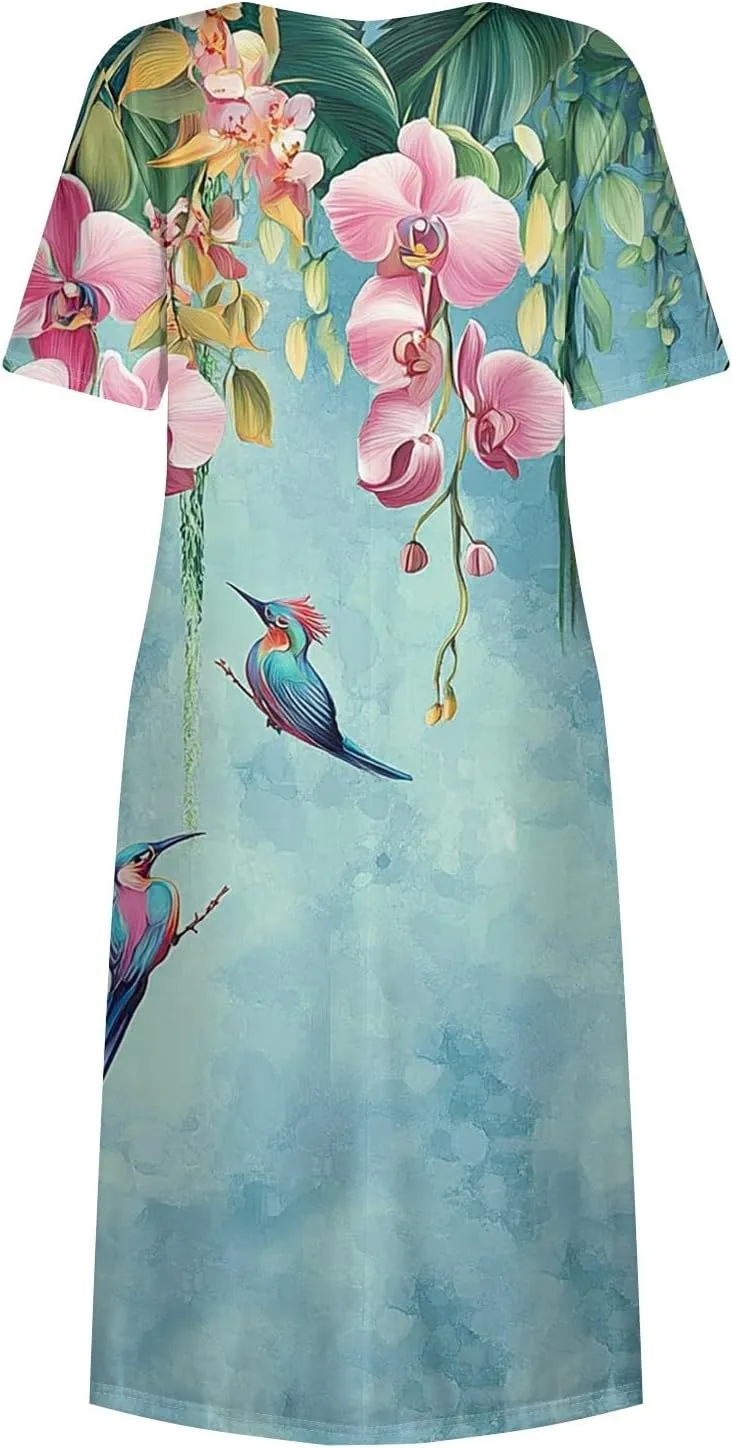Casual Summer Spring Short Sleeve Floral Midi Dress for Women Trendy Smocked Flowy Formal Plus Size A Line Dress