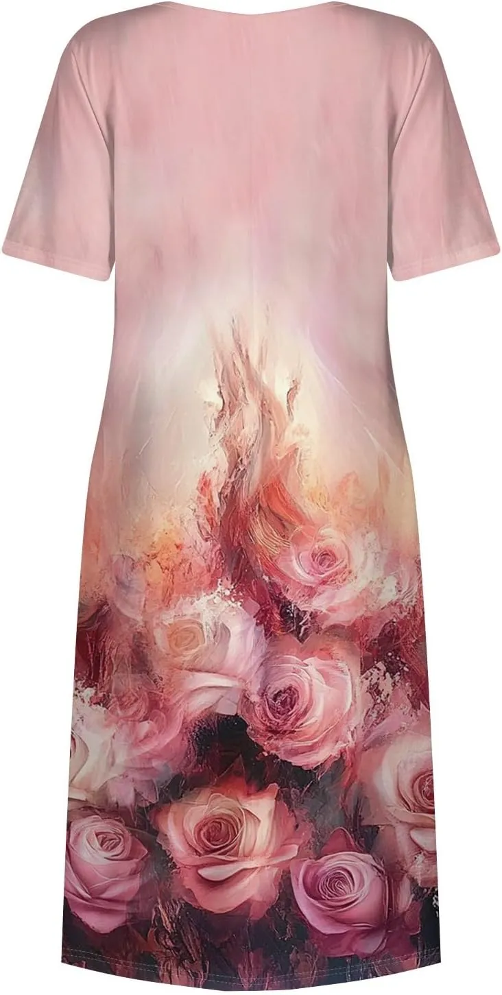 Casual Summer Spring Short Sleeve Floral Midi Dress for Women Trendy Smocked Flowy Formal Plus Size A Line Dress