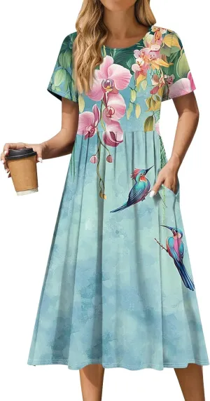Casual Summer Spring Short Sleeve Floral Midi Dress for Women Trendy Smocked Flowy Formal Plus Size A Line Dress