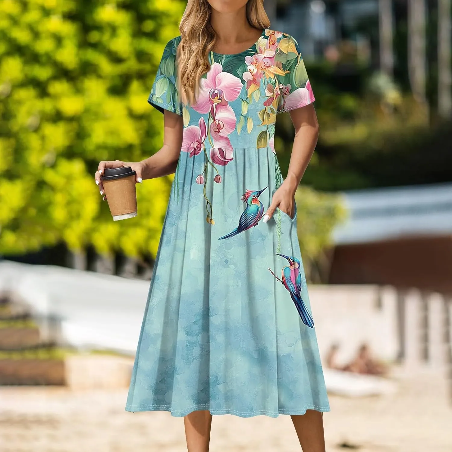 Casual Summer Spring Short Sleeve Floral Midi Dress for Women Trendy Smocked Flowy Formal Plus Size A Line Dress