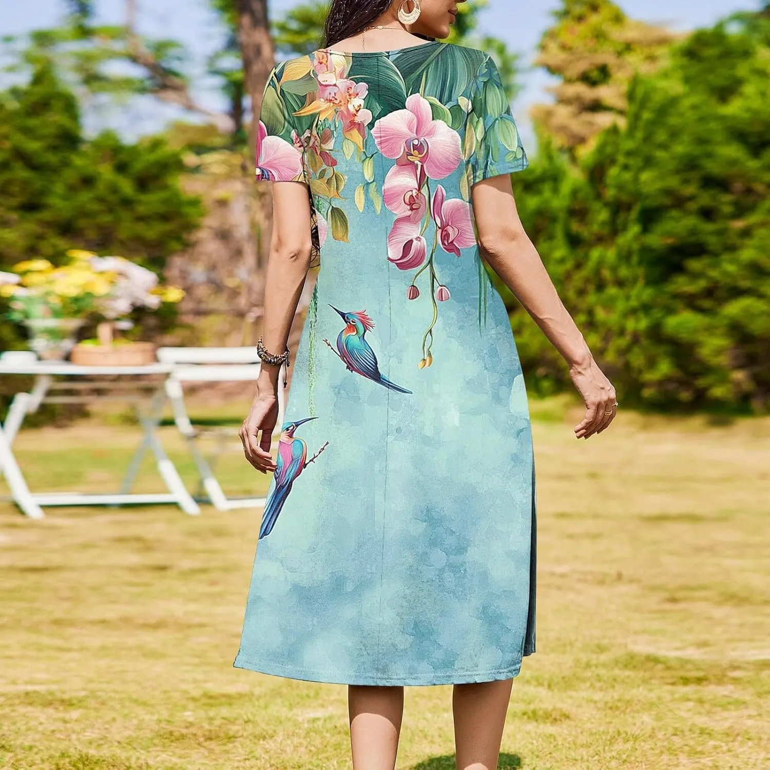 Casual Summer Spring Short Sleeve Floral Midi Dress for Women Trendy Smocked Flowy Formal Plus Size A Line Dress