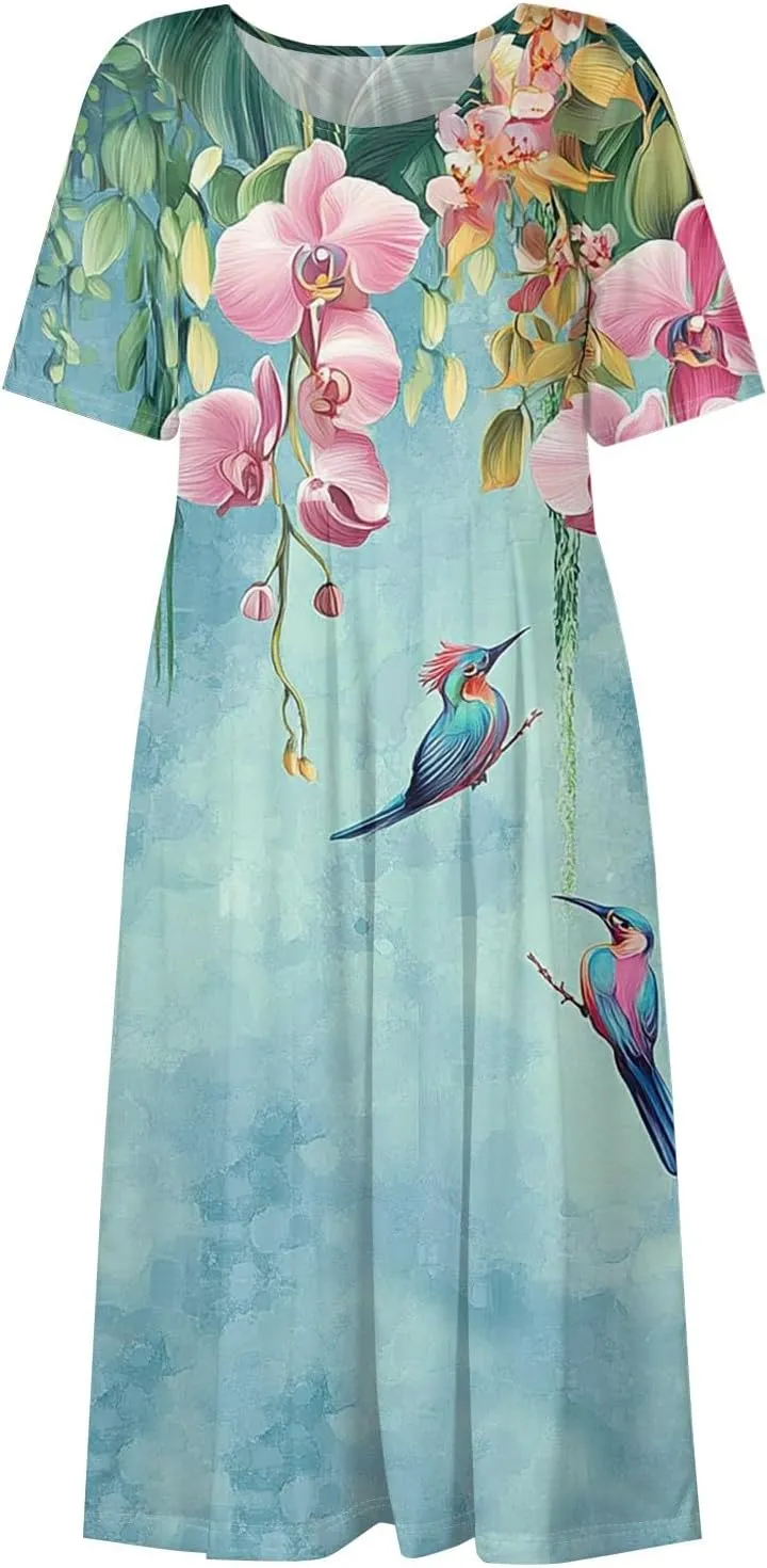 Casual Summer Spring Short Sleeve Floral Midi Dress for Women Trendy Smocked Flowy Formal Plus Size A Line Dress