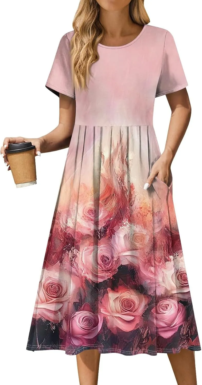 Casual Summer Spring Short Sleeve Floral Midi Dress for Women Trendy Smocked Flowy Formal Plus Size A Line Dress