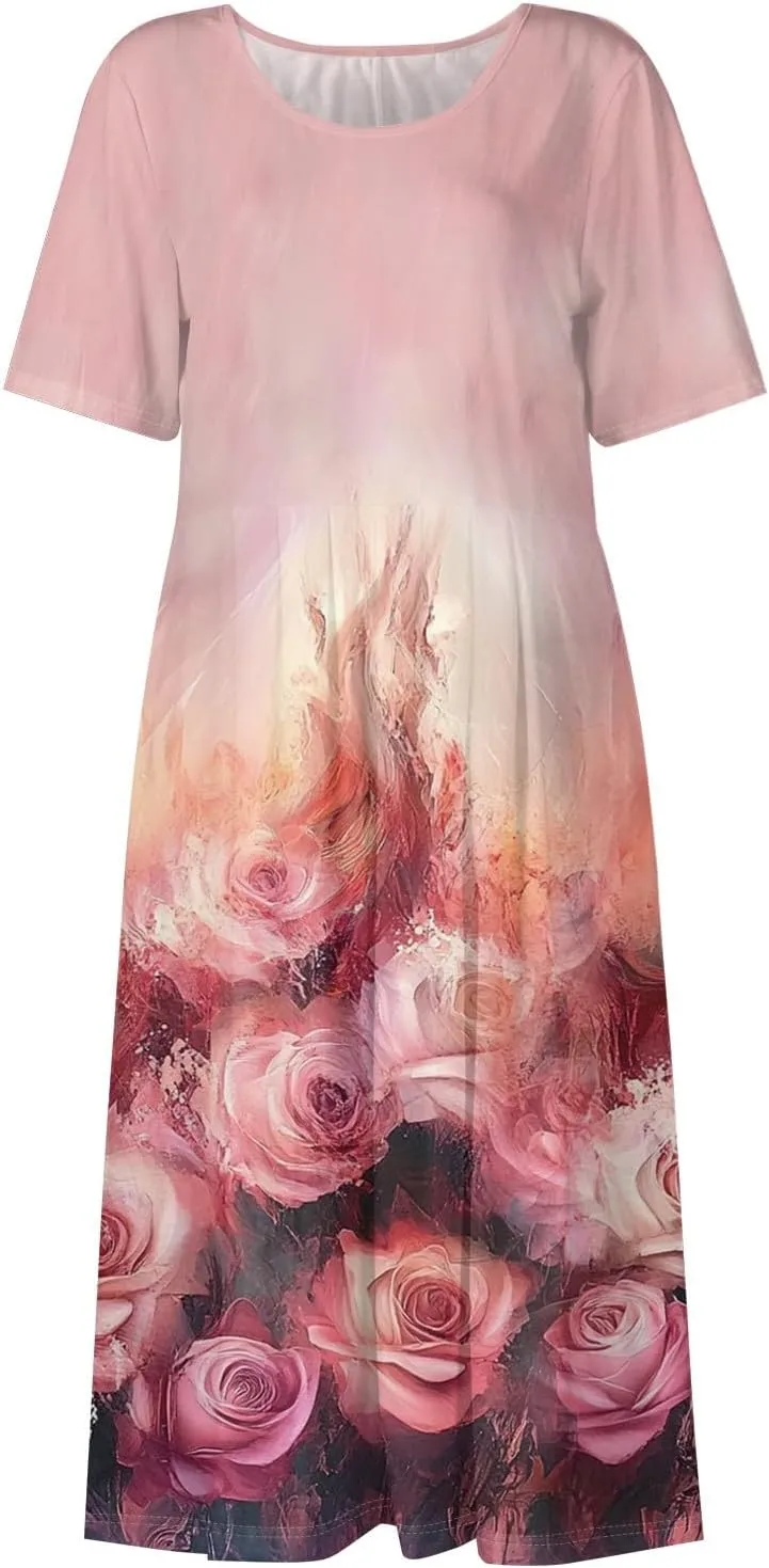 Casual Summer Spring Short Sleeve Floral Midi Dress for Women Trendy Smocked Flowy Formal Plus Size A Line Dress