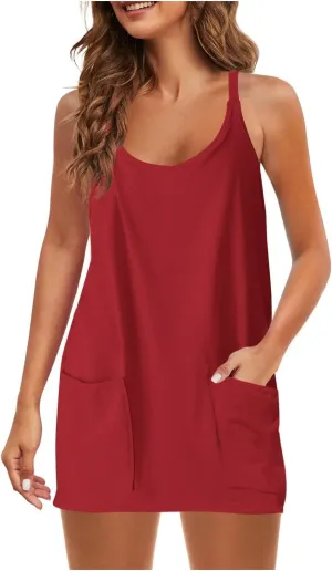 Ceboyel Short Summer Dress for Women Strappy Athletic Romper Hot Shot Mini Dress Workout Onesie Outfits With Pockes 2024