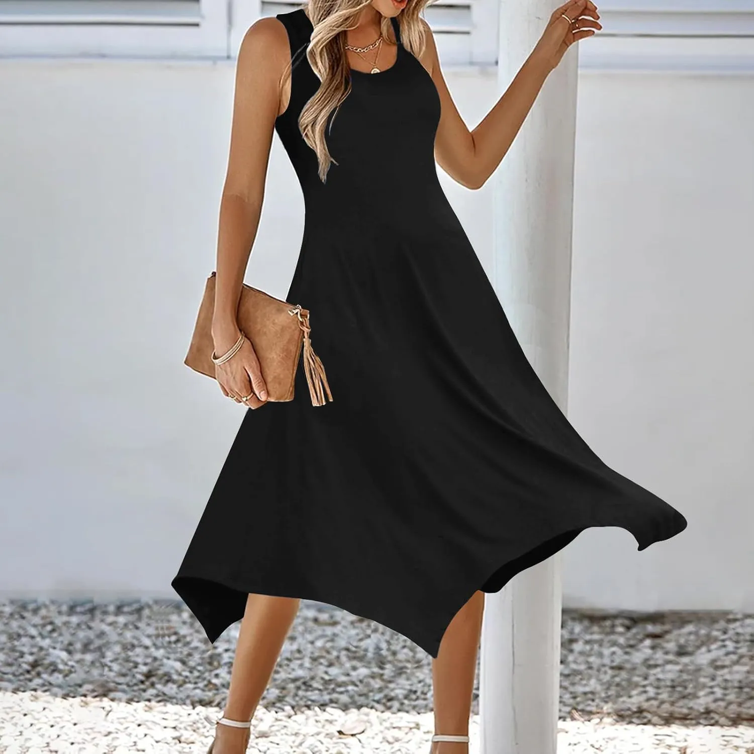 Ceboyel Womens 2024 Casual Summer Sundresses Flowy Sleeveless Tank Dresses Handkerchief Hem Dress Beach Vacation Outfits