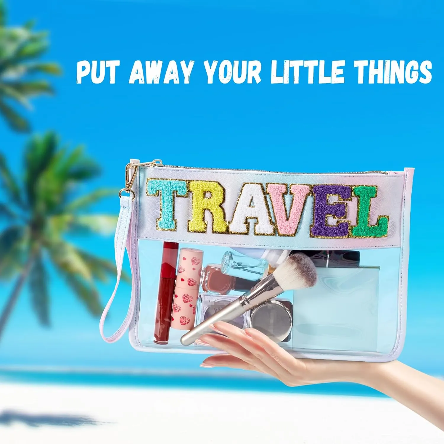 Chenille Letter Bag Clear Flat Pouch, Travel Makeup Bag With Zipper For Women,Clear Pouches for Travel,Gym,Beach (Colorful-Travel)