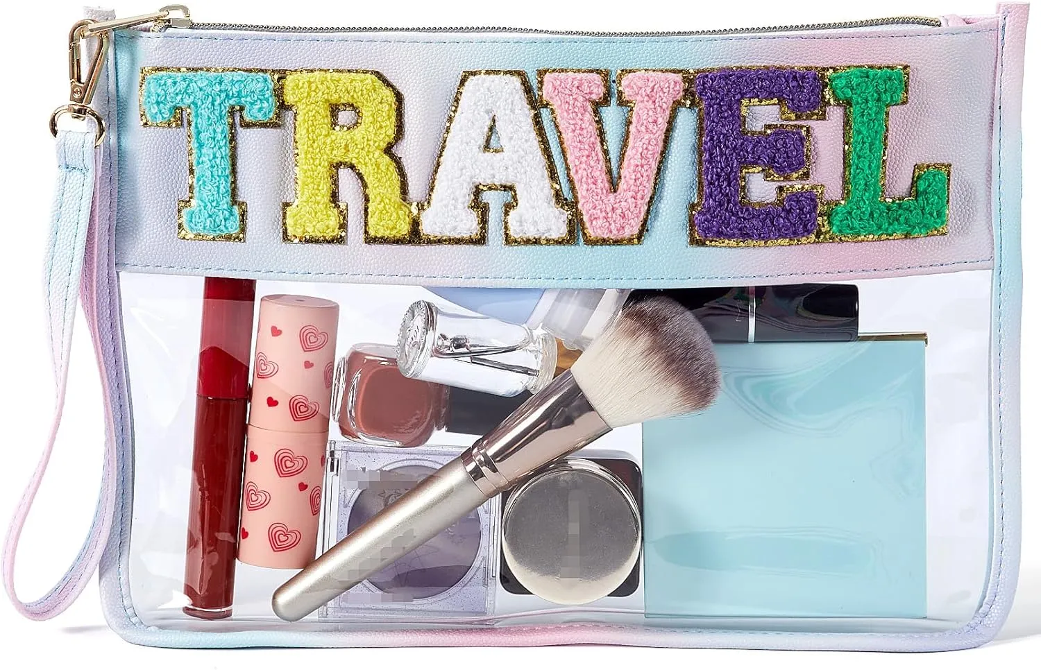 Chenille Letter Bag Clear Flat Pouch, Travel Makeup Bag With Zipper For Women,Clear Pouches for Travel,Gym,Beach (Colorful-Travel)
