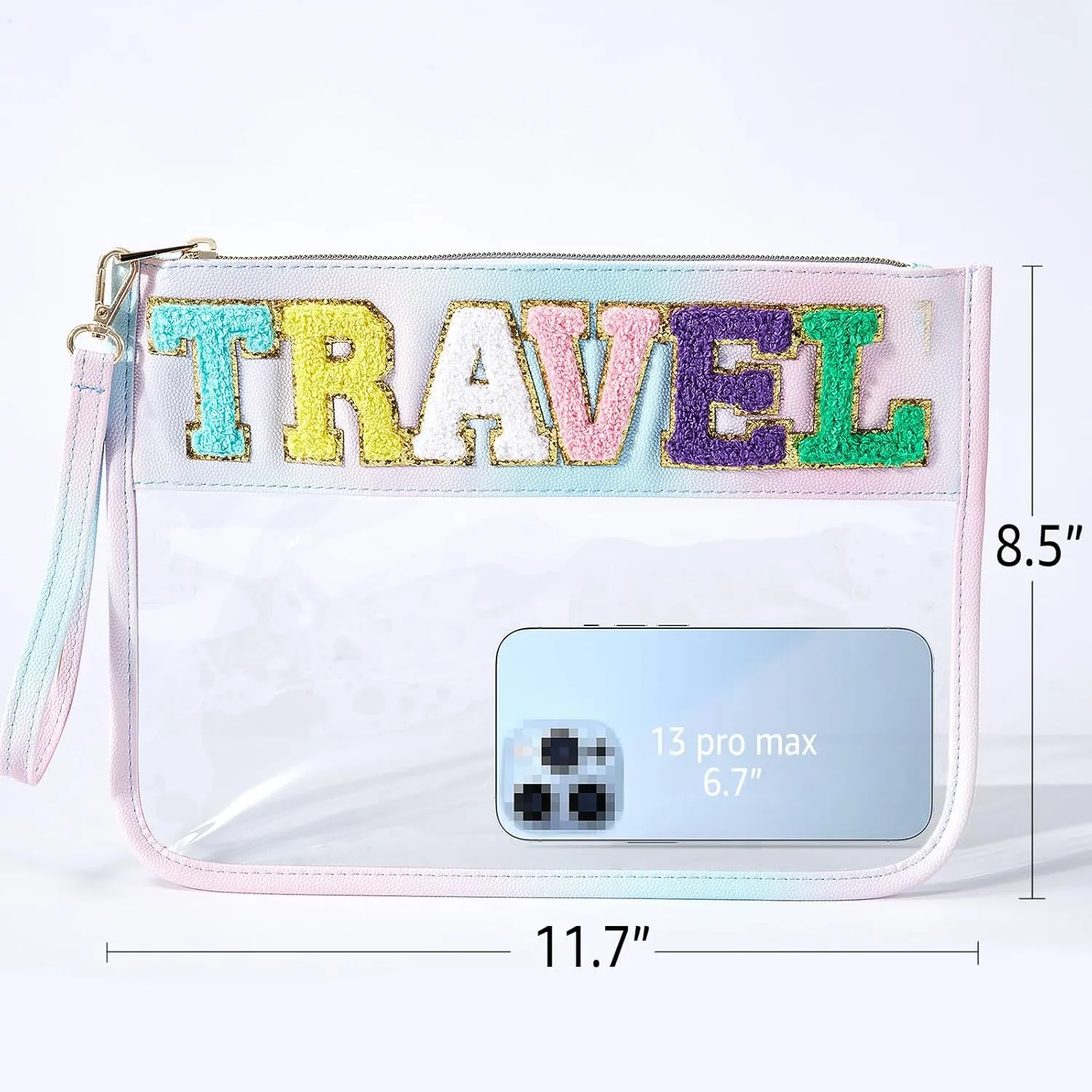 Chenille Letter Bag Clear Flat Pouch, Travel Makeup Bag With Zipper For Women,Clear Pouches for Travel,Gym,Beach (Colorful-Travel)
