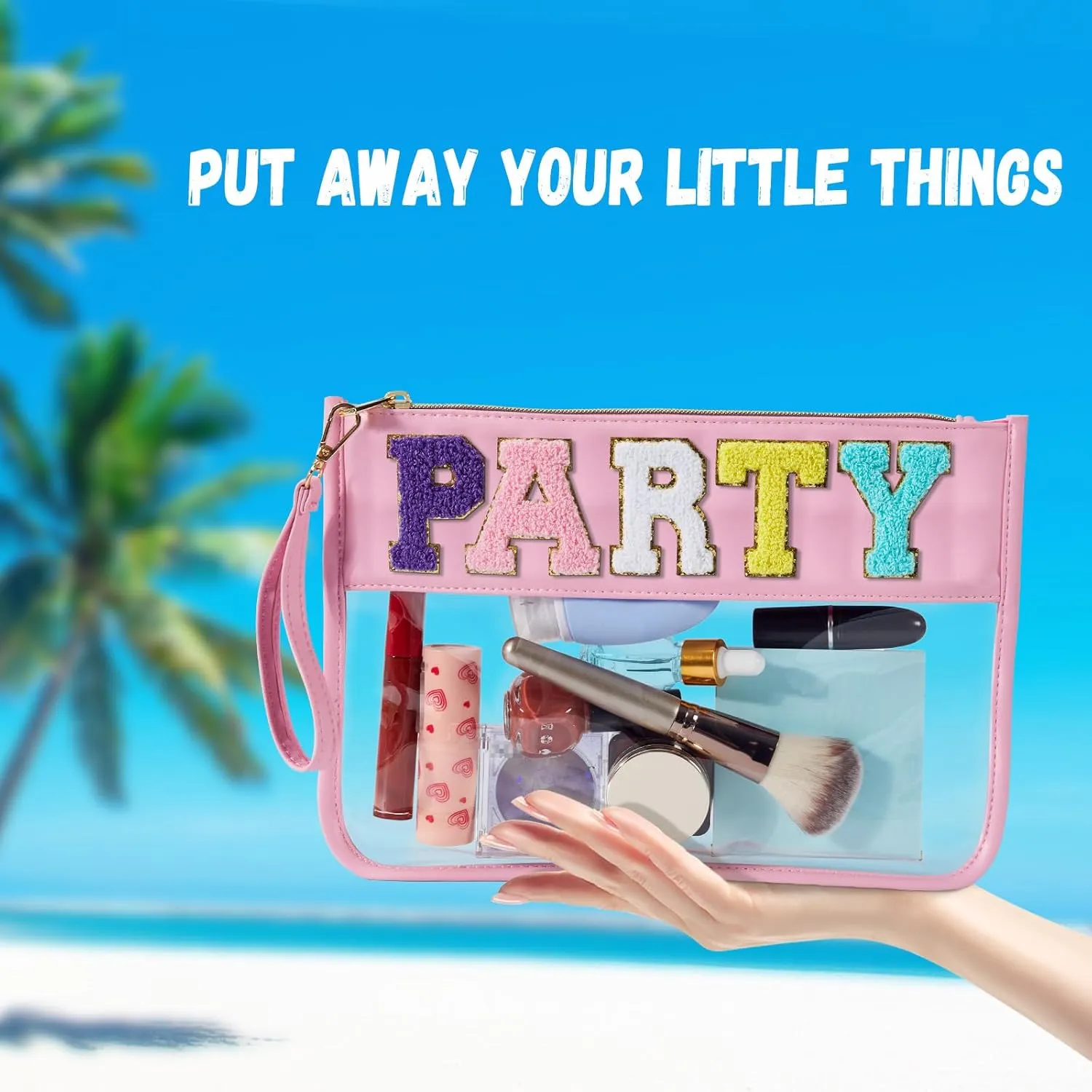 Chenille Letter Bag Clear Flat Pouch, Travel Makeup Bag With Zipper For Women,Clear Pouches for Travel,Gym,Beach (Pink-Party)