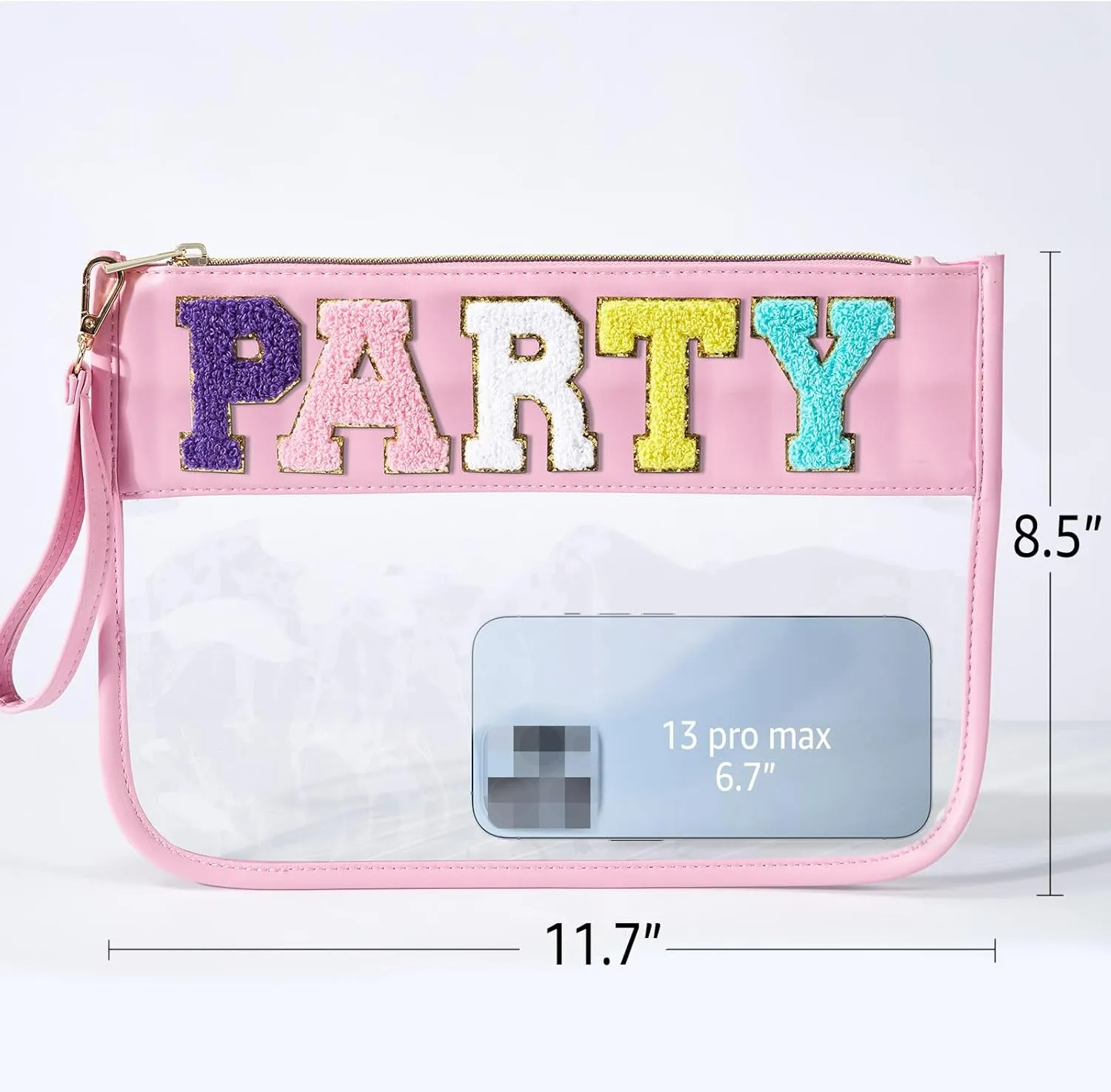 Chenille Letter Bag Clear Flat Pouch, Travel Makeup Bag With Zipper For Women,Clear Pouches for Travel,Gym,Beach (Pink-Party)