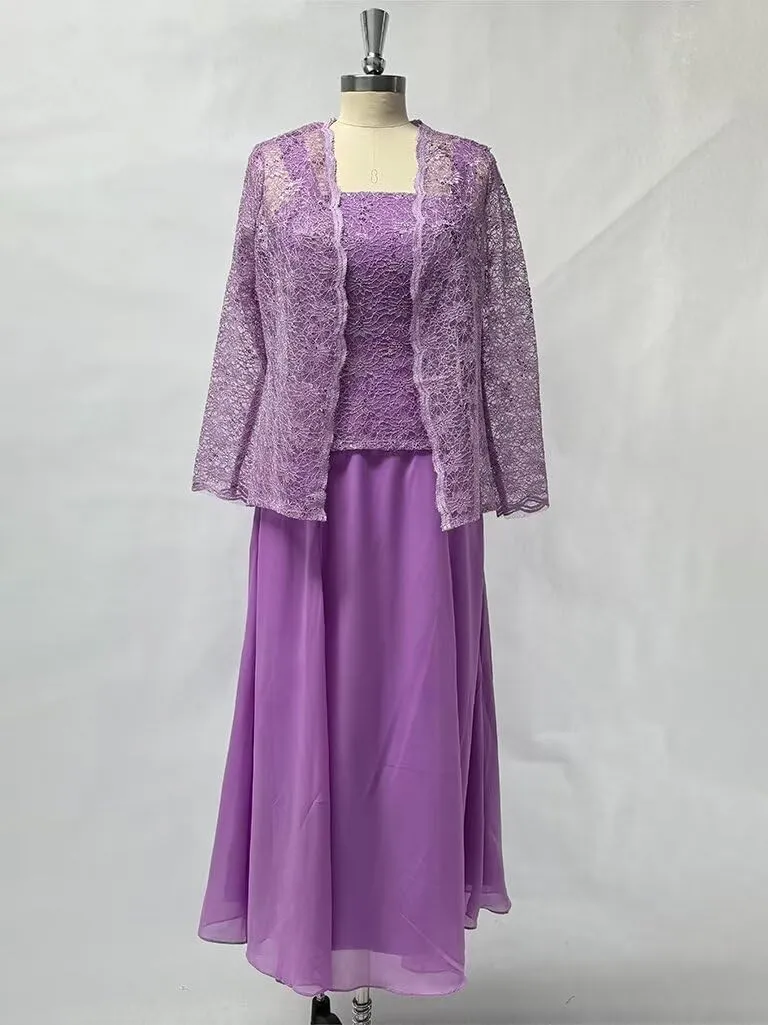 Chiffon Laces Mother of The Bride Dresses for Wedding Tea Length Grandmother Dresses with Jacket 2 Piece Wedding Party Gowns