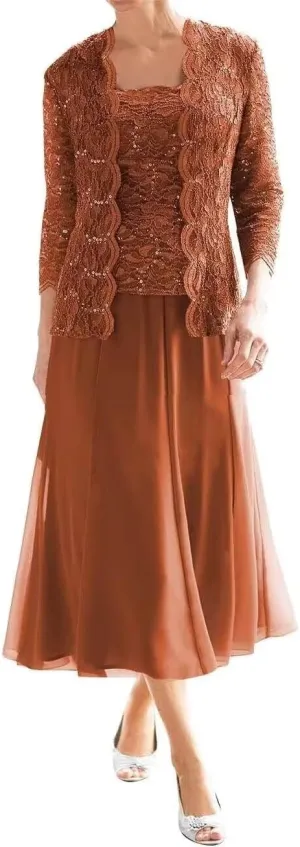 Chiffon Laces Mother of The Bride Dresses for Wedding Tea Length Grandmother Dresses with Jacket 2 Piece Wedding Party Gowns
