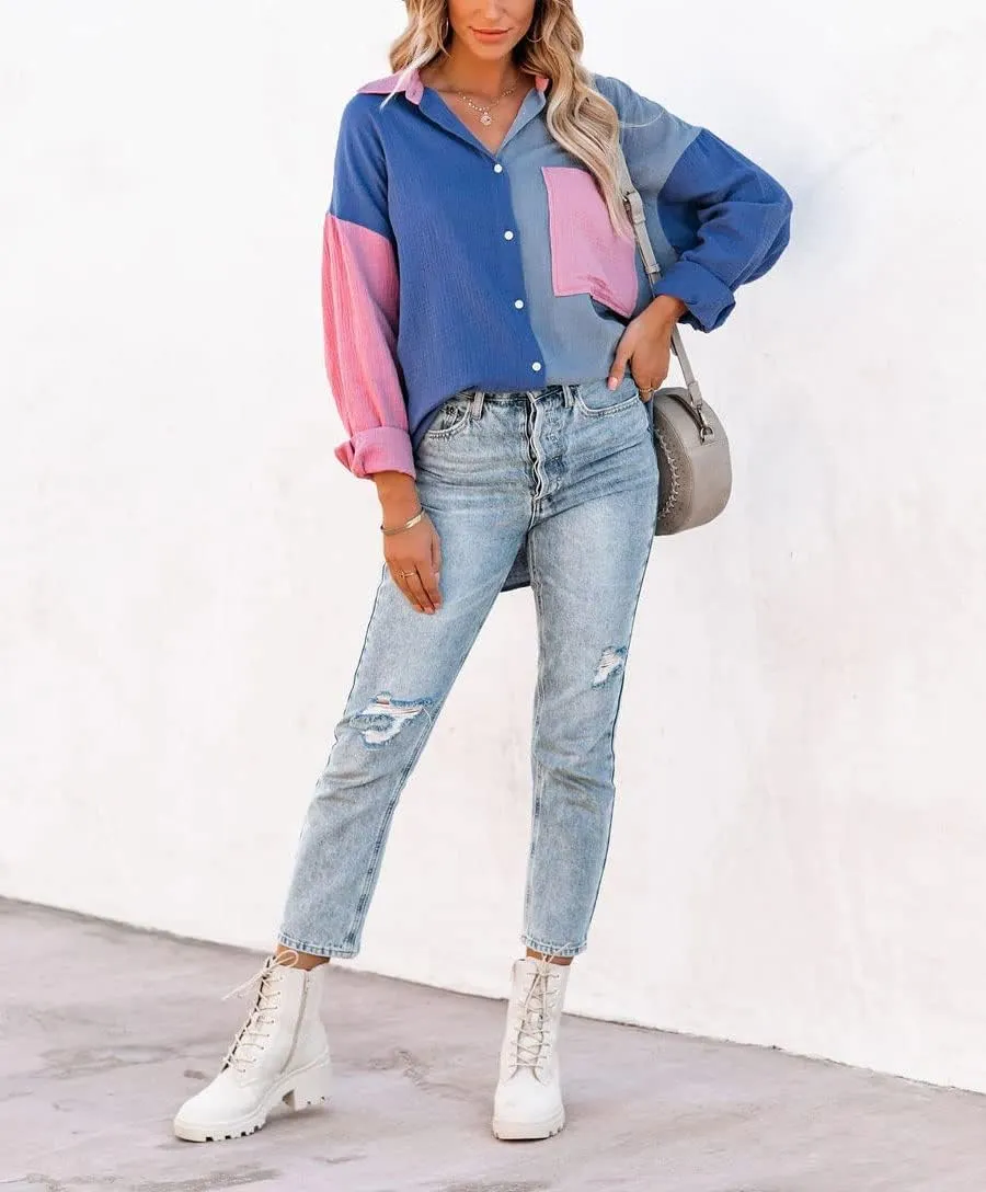 chouyatou Women's Color Block Long Sleeve Button Down Boyfriend Shirt Blouses