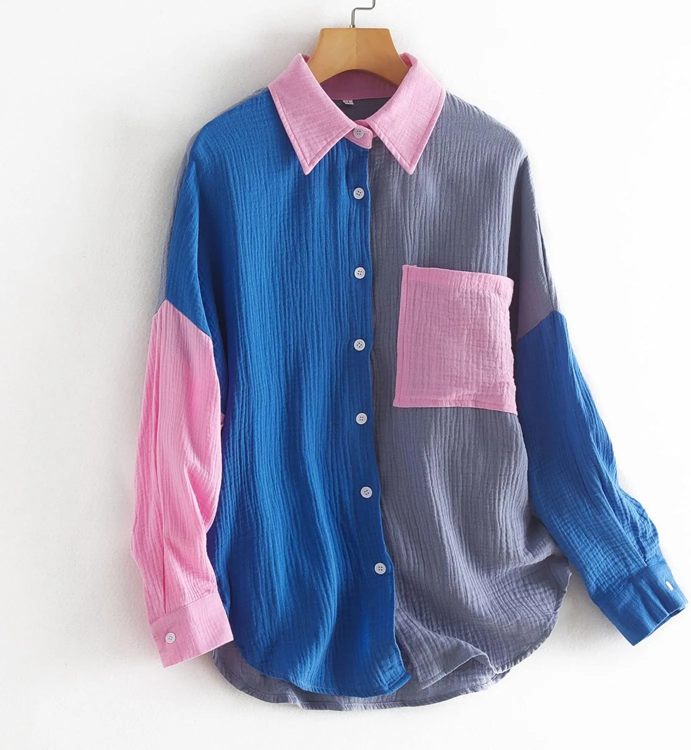 chouyatou Women's Color Block Long Sleeve Button Down Boyfriend Shirt Blouses