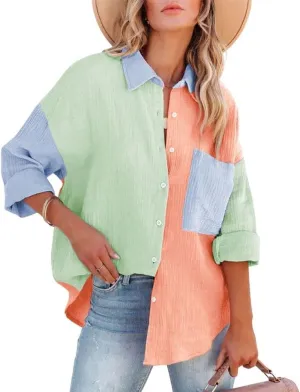 chouyatou Women's Color Block Long Sleeve Button Down Boyfriend Shirt Blouses