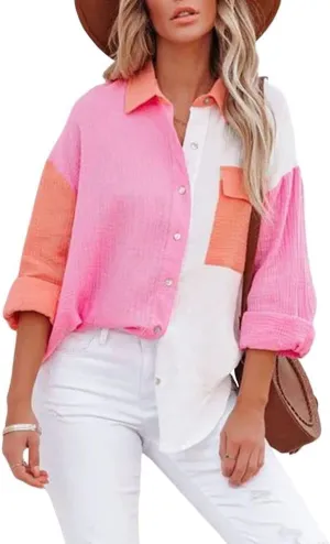 chouyatou Women's Color Block Long Sleeve Button Down Boyfriend Shirt Blouses