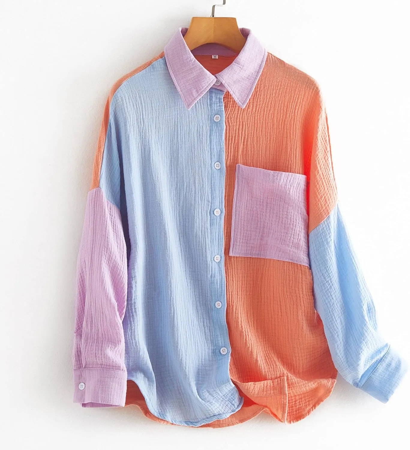 chouyatou Women's Color Block Long Sleeve Button Down Boyfriend Shirt Blouses