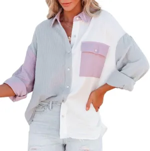 chouyatou Women's Color Block Long Sleeve Button Down Boyfriend Shirt Blouses