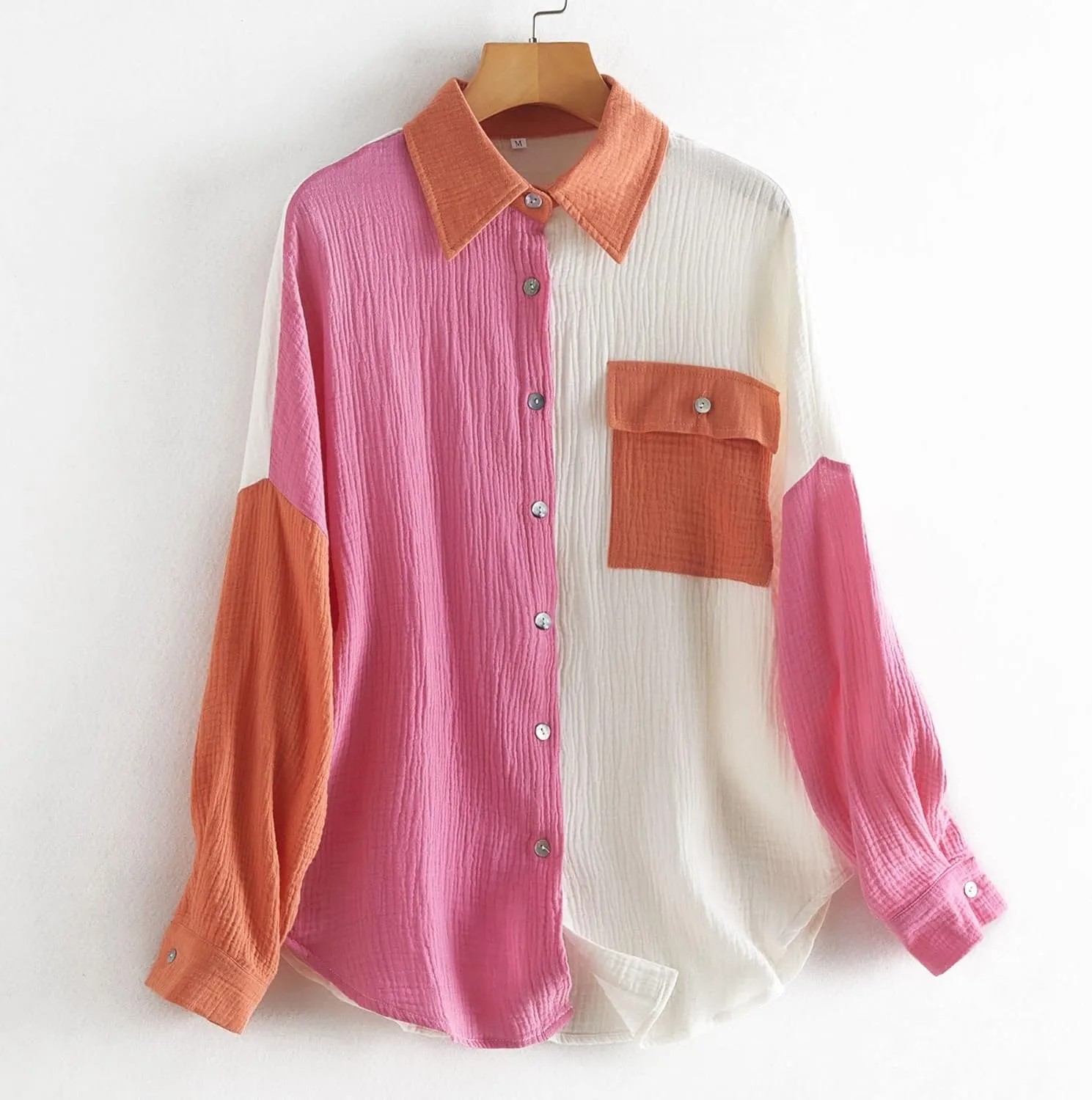 chouyatou Women's Color Block Long Sleeve Button Down Boyfriend Shirt Blouses