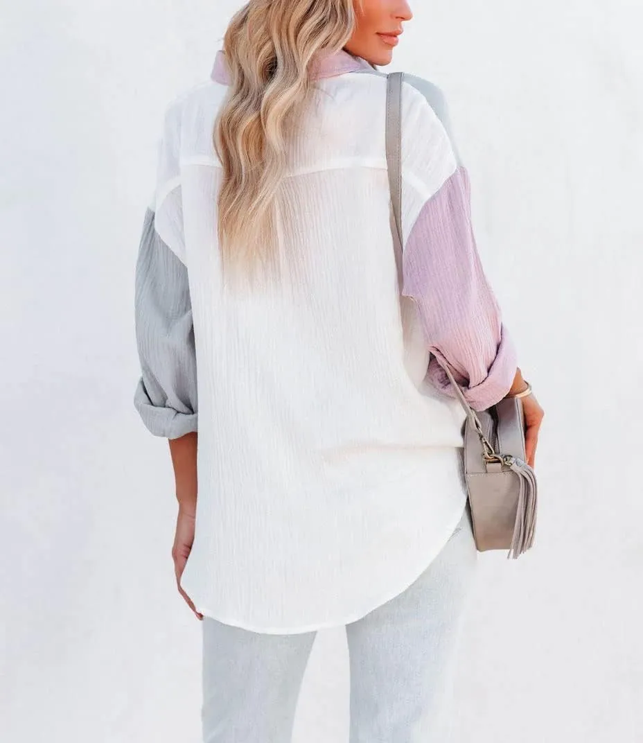 chouyatou Women's Color Block Long Sleeve Button Down Boyfriend Shirt Blouses