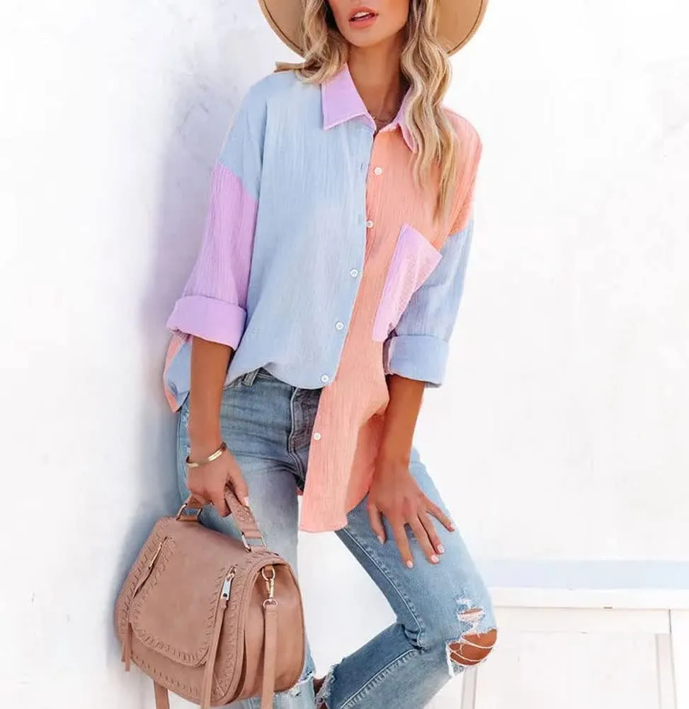 chouyatou Women's Color Block Long Sleeve Button Down Boyfriend Shirt Blouses