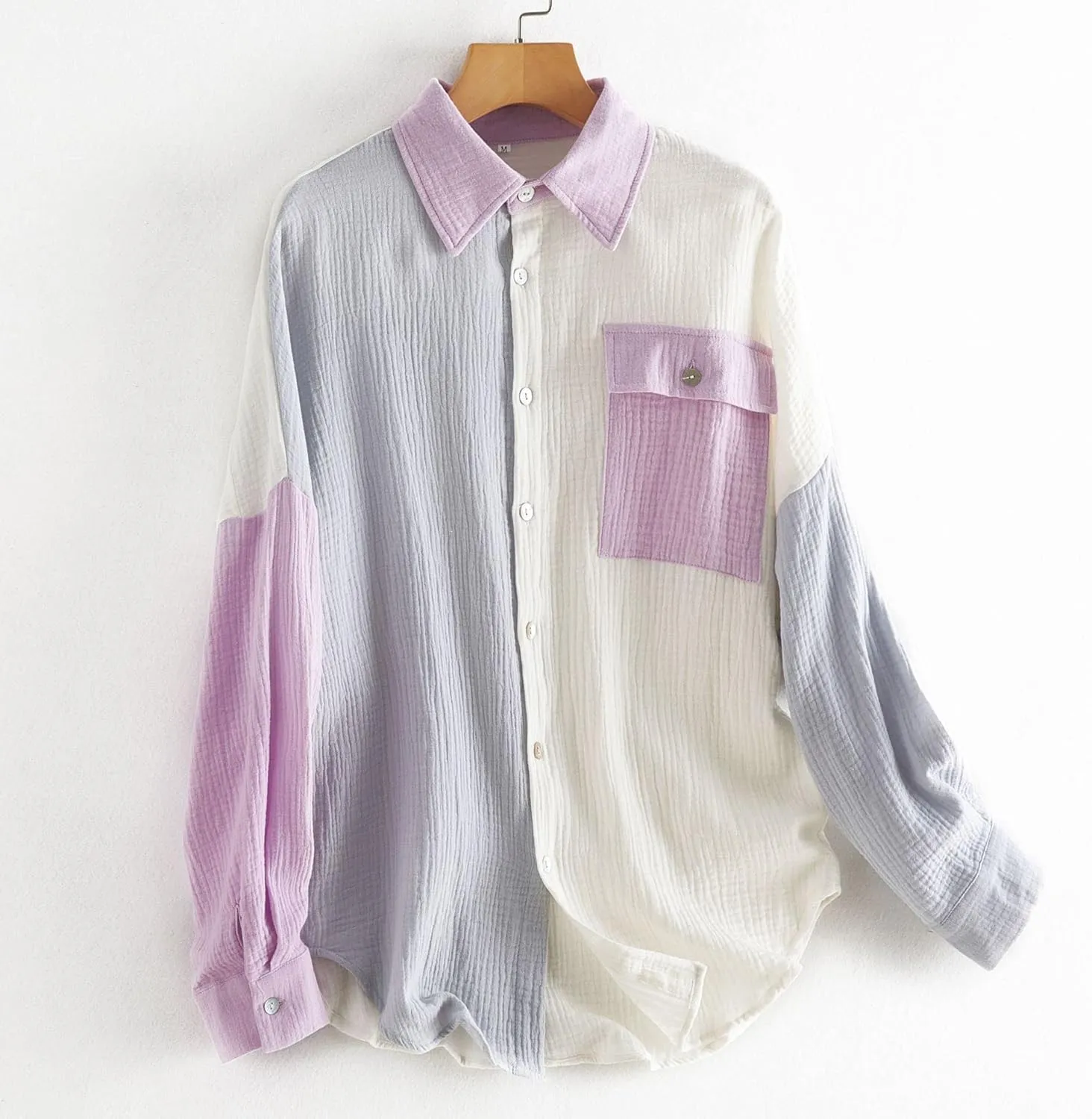 chouyatou Women's Color Block Long Sleeve Button Down Boyfriend Shirt Blouses