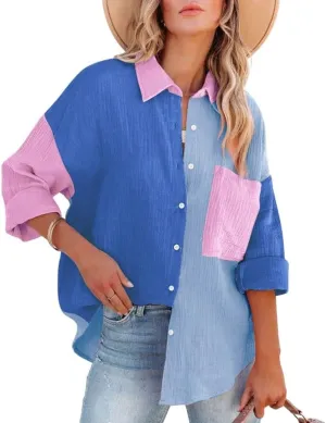 chouyatou Women's Color Block Long Sleeve Button Down Boyfriend Shirt Blouses