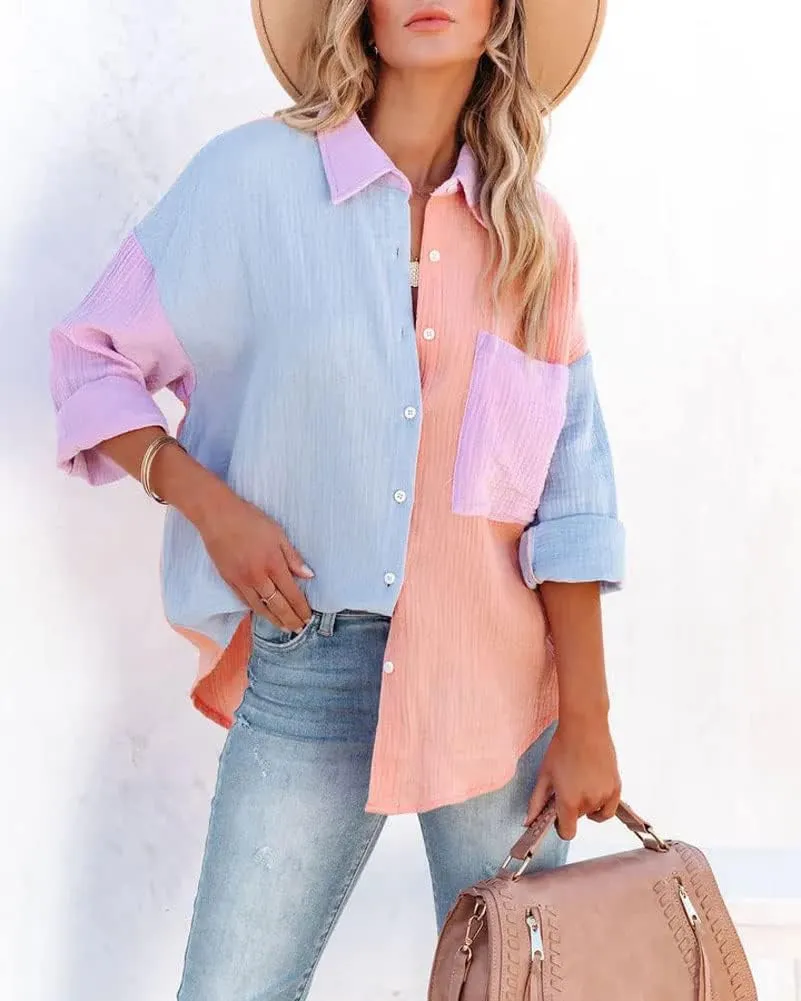 chouyatou Women's Color Block Long Sleeve Button Down Boyfriend Shirt Blouses