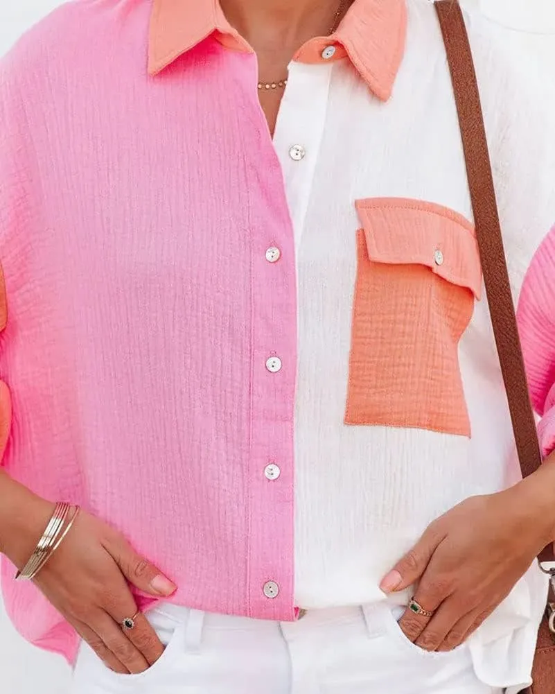chouyatou Women's Color Block Long Sleeve Button Down Boyfriend Shirt Blouses