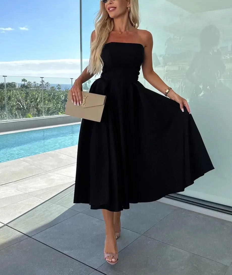 chouyatou Women's Strapless Tube Top Party Dresses Off Shoulder Pleated Swing Cocktail Midi Long Dress with Pockets