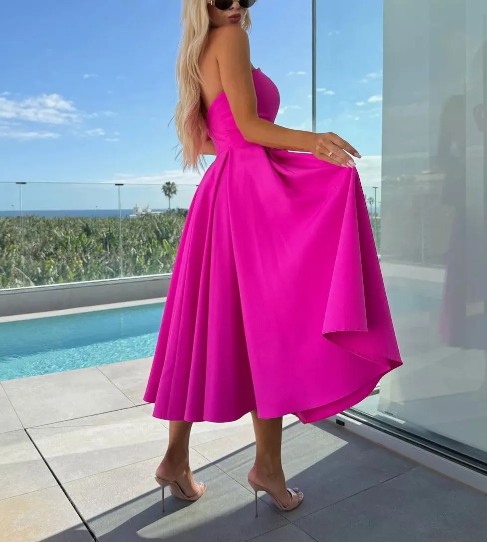 chouyatou Women's Strapless Tube Top Party Dresses Off Shoulder Pleated Swing Cocktail Midi Long Dress with Pockets