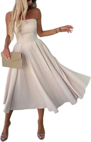 chouyatou Women's Strapless Tube Top Party Dresses Off Shoulder Pleated Swing Cocktail Midi Long Dress with Pockets