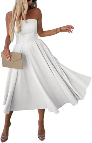chouyatou Women's Strapless Tube Top Party Dresses Off Shoulder Pleated Swing Cocktail Midi Long Dress with Pockets
