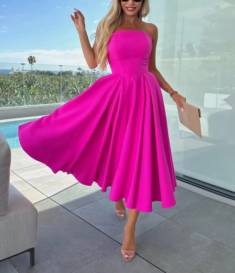 chouyatou Women's Strapless Tube Top Party Dresses Off Shoulder Pleated Swing Cocktail Midi Long Dress with Pockets