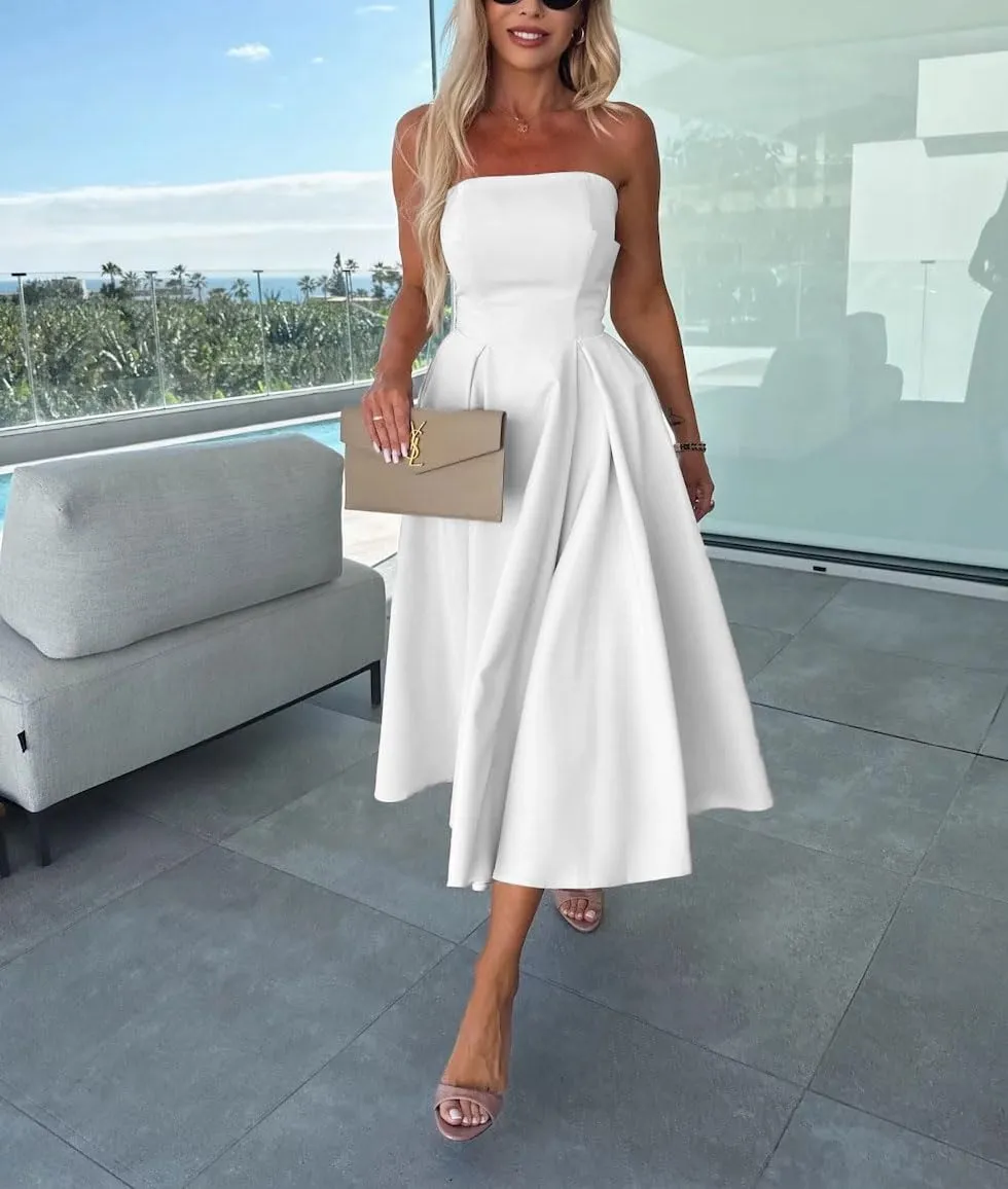 chouyatou Women's Strapless Tube Top Party Dresses Off Shoulder Pleated Swing Cocktail Midi Long Dress with Pockets