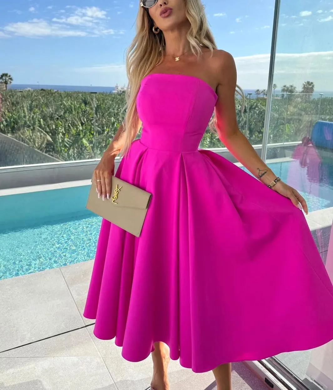 chouyatou Women's Strapless Tube Top Party Dresses Off Shoulder Pleated Swing Cocktail Midi Long Dress with Pockets