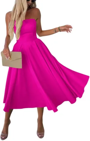 chouyatou Women's Strapless Tube Top Party Dresses Off Shoulder Pleated Swing Cocktail Midi Long Dress with Pockets