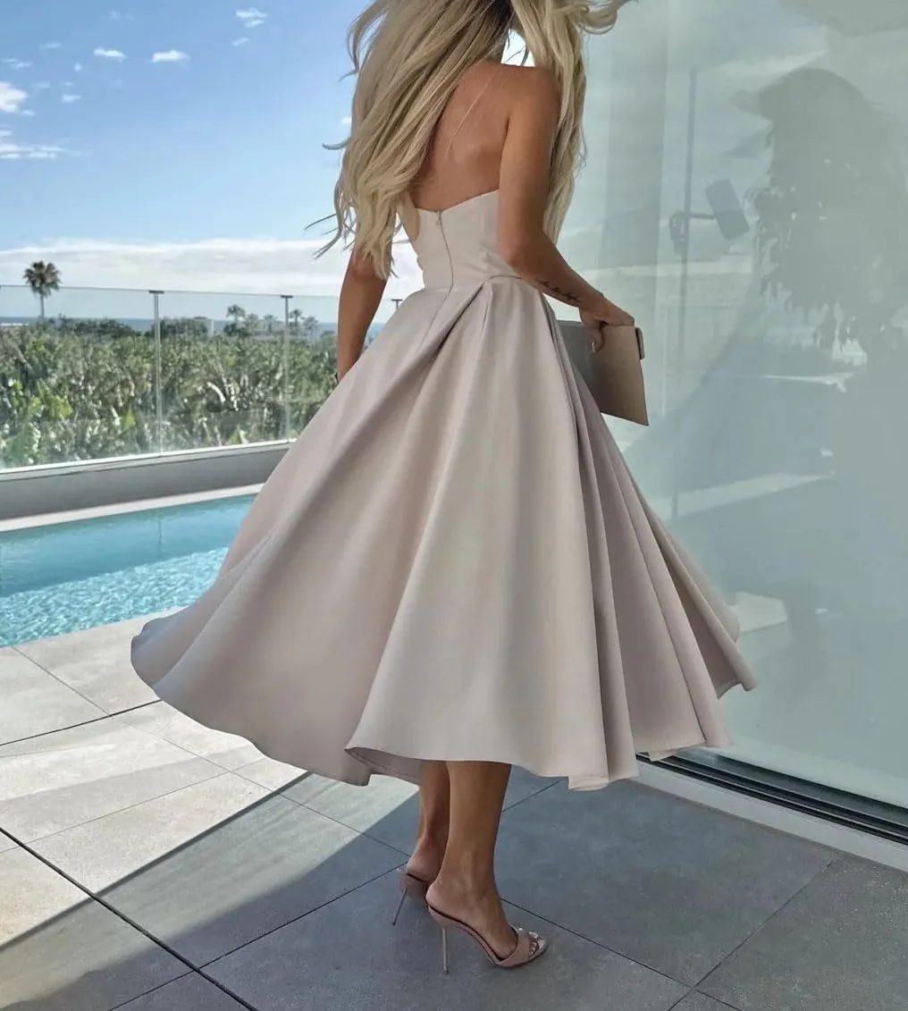 chouyatou Women's Strapless Tube Top Party Dresses Off Shoulder Pleated Swing Cocktail Midi Long Dress with Pockets