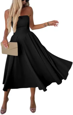 chouyatou Women's Strapless Tube Top Party Dresses Off Shoulder Pleated Swing Cocktail Midi Long Dress with Pockets