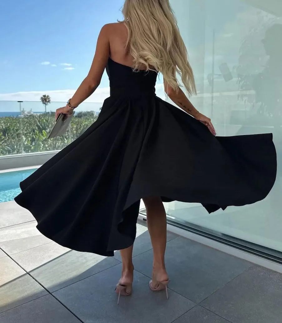 chouyatou Women's Strapless Tube Top Party Dresses Off Shoulder Pleated Swing Cocktail Midi Long Dress with Pockets