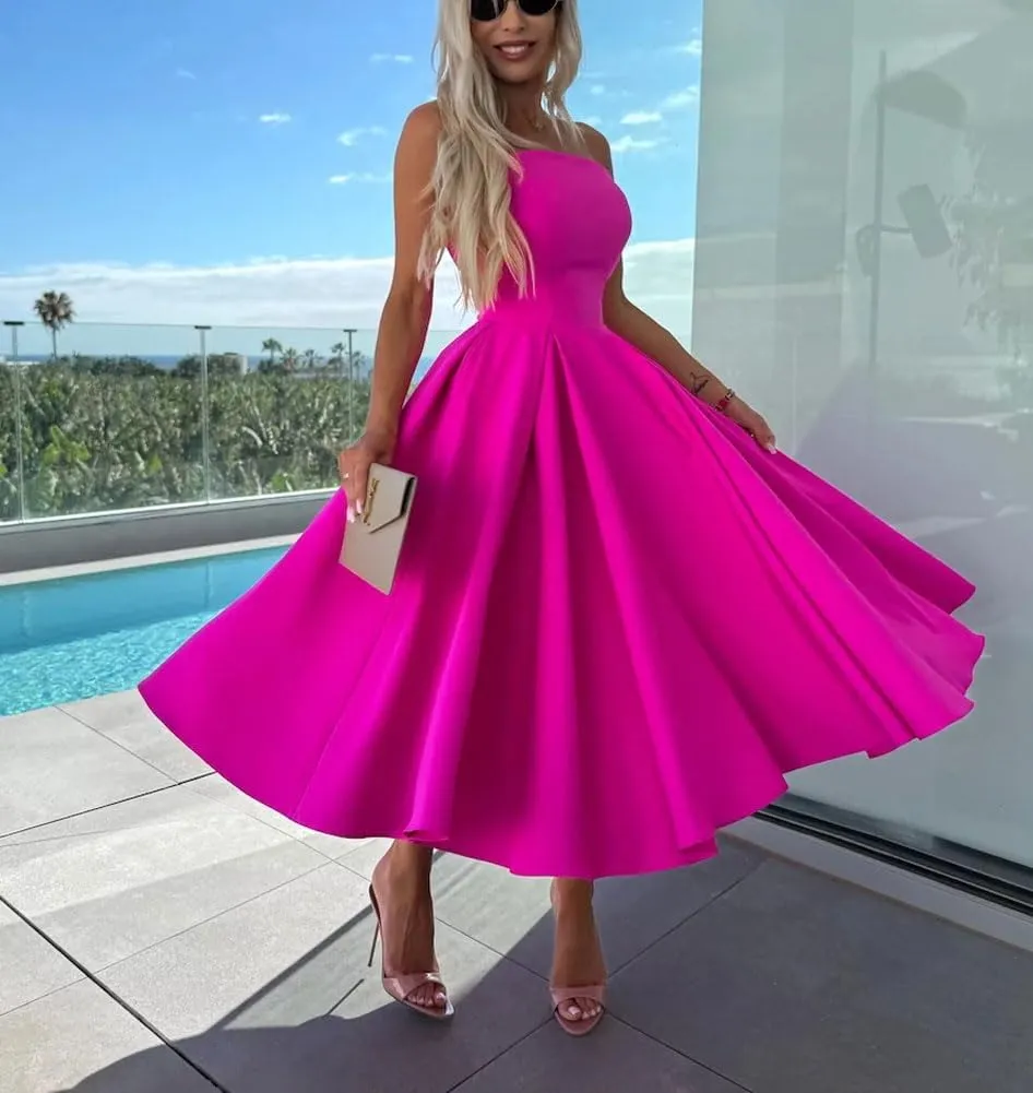 chouyatou Women's Strapless Tube Top Party Dresses Off Shoulder Pleated Swing Cocktail Midi Long Dress with Pockets