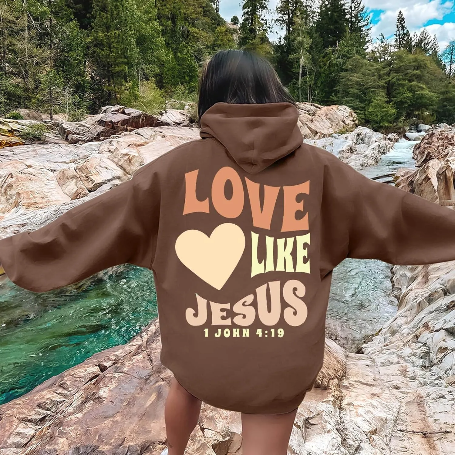 Christian Hoodies for Women Bible Verse Jesus Loves You Letter Graphic Oversized Long Sleeve Pockets Drawstring Sweatshirts
