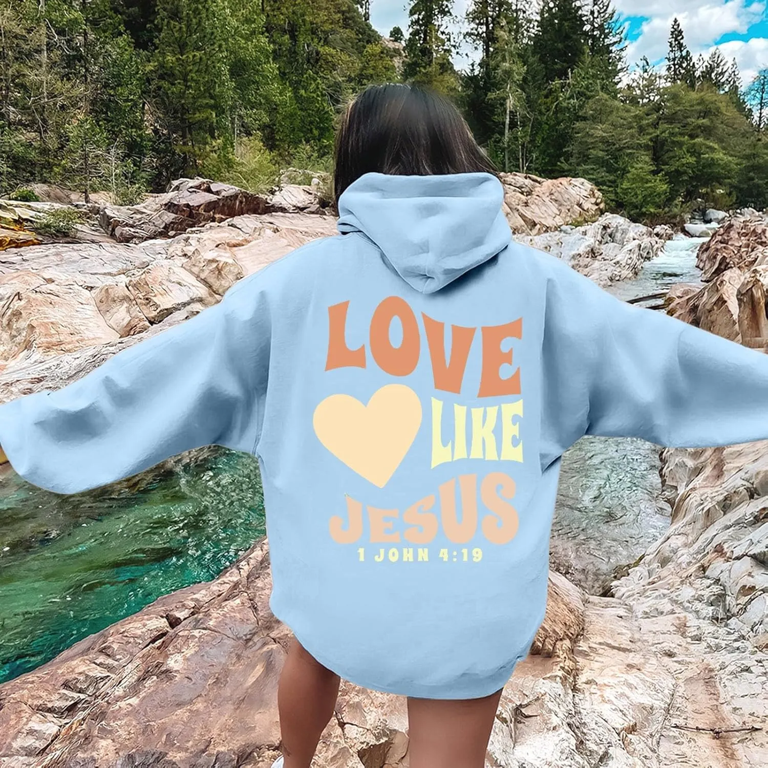 Christian Hoodies for Women Bible Verse Jesus Loves You Letter Graphic Oversized Long Sleeve Pockets Drawstring Sweatshirts